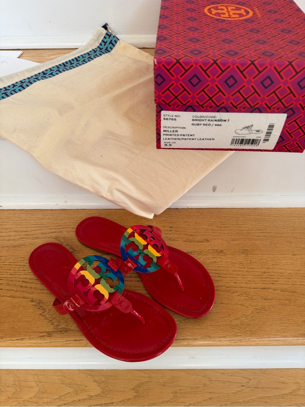 Tory Burch Red Rainbow Miller  Sandals  Rainbow Medallions flip flops size 9.5 🌈
